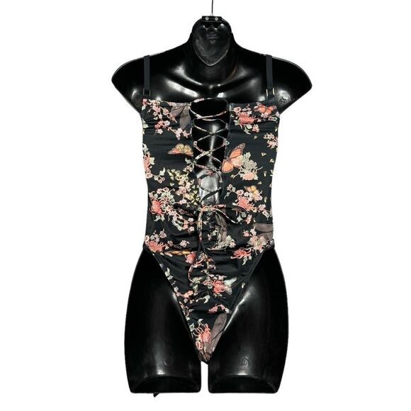 NEW HAH black floral ruched lace up reversible one piece swimsuit size Medium - Picture 8 of 8